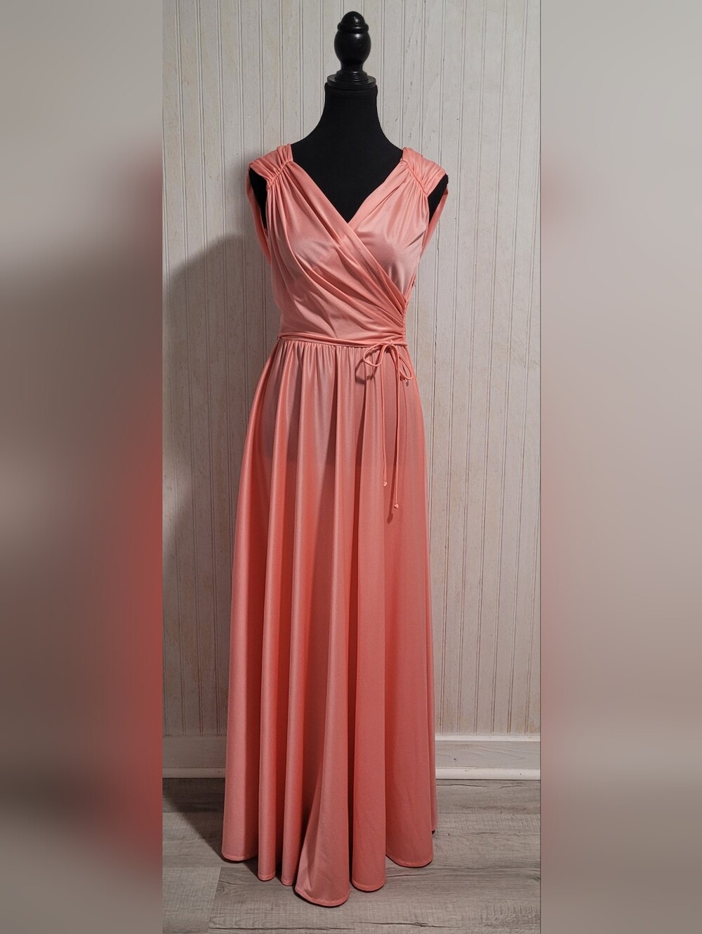 Vintage 70s Coral Peach Draped Back Maxi Dress ILGWU Size Small